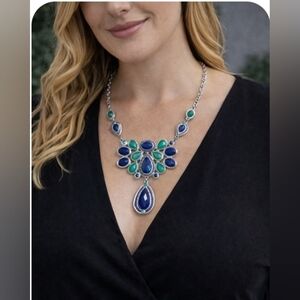 Statement Boho Necklace Teal Blue Silver Tone Pendant Chunky Festival Jewelry